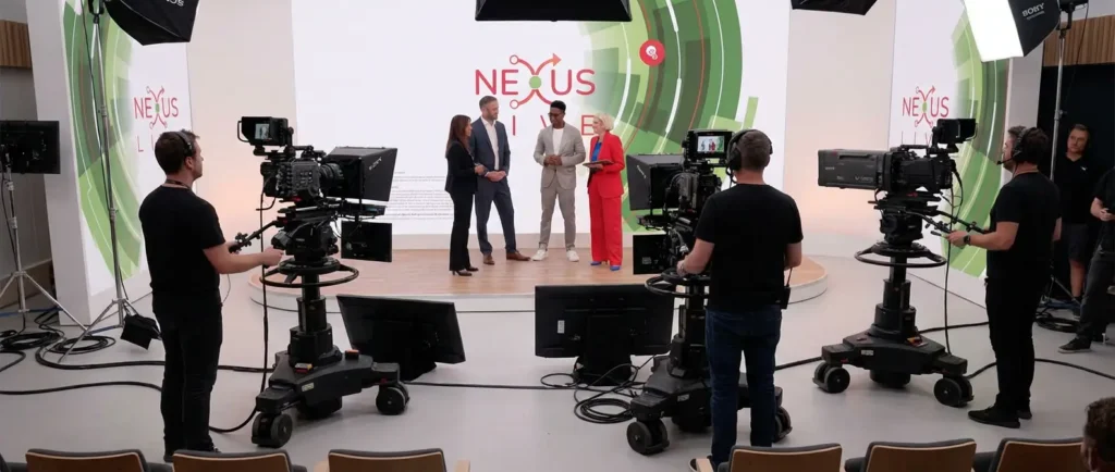 Broadcast crew filming panelists on Nexus Live studio stage with camera monitors and lighting rigs